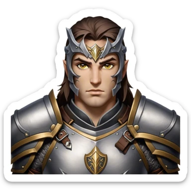 Cinematic Realistic WoW Human Warrior Portrait, head tilted epicly and inquisitively, showcasing a commanding presence and heroic grace. His chiseled features, resolute eyes, and meticulously crafted steel armor with leather accents in harmonious greys and bronzes are rendered with lifelike clarity and dramatic lighting, high shine, epic and awe-inspiring, embodying the spirit of a warrior poised for battle. sticker