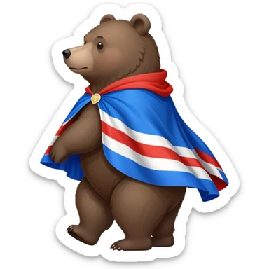 Medium-dark brown bear on all four legs with Russian flag (white, blue, red horizontal stripes) draped over its back like a cape or cloak, flowing slightly, side view sticker