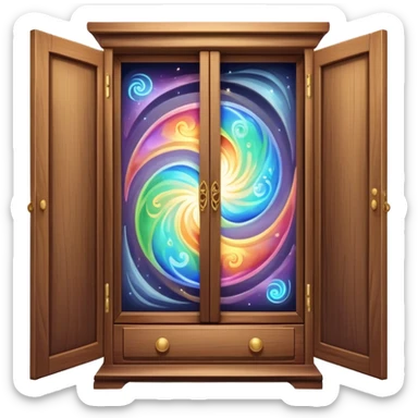 magical vanishing cabinet with doors partially open showing mystical energy inside sticker