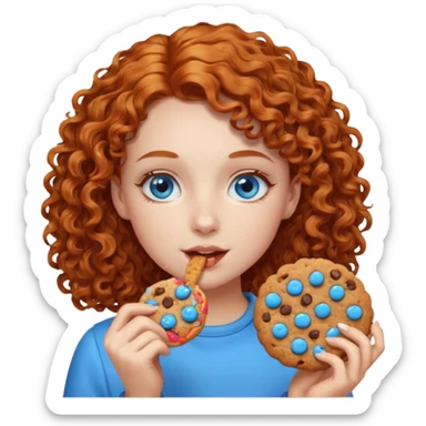 A girl eating a cookie with curly ginger hair and blue eyes sticker