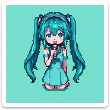 Hatsune Miku singing with a microphone, teal hair, pixel art character sticker
