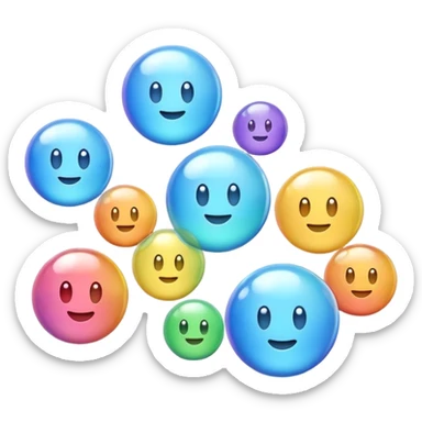 3D iPhone style emoji of multiple bubbles, translucent and shiny, floating in the air, various sizes, isolated on white background, soft shadows, high detail, playful and cute. sticker