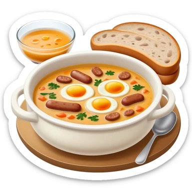 Cinematic Realistic ≈ªurek Soup Dish Emoji, depicted as a tangy, creamy rye soup with sausage and egg rendered with detailed textures and warm, comforting lighting. sticker