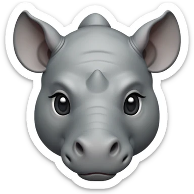 cinematic-noble-cute-rhino-portrait-emoji,slate-grey-hide-poised-and-regal,-with-a-massive,-powerful-build-and-a-thick,--deep-set-soulful-piercing-eyes,-simplified-yet-sharp-and-sophisticated-features,-highly-detailed,-large-black-eyes, white horn, front facing, zoomed out showing shoulders sticker