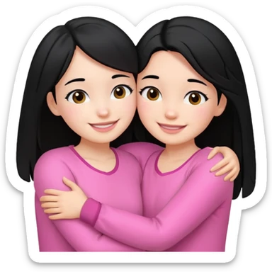 2 girls with black hair hugging each other. One is wearing white clothes and the other is wearing pink clothes sticker