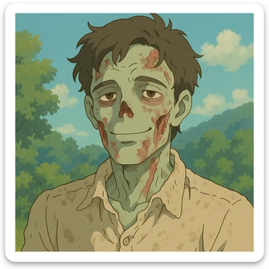 handsome zombie, ghibli style, soft colors, appealing face, gentle smile sticker
