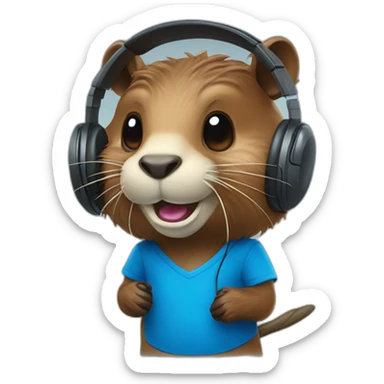 beaver with headphones, two longs teeths and blue jersey sticker