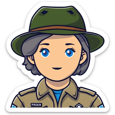 white woman park ranger with gray and brown hair, blue eyes sticker