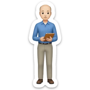 man, mid 40's shirt and trousers balding hairline, full body, standing, holding a clipboard sticker