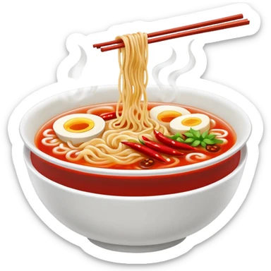 steaming ramen bowl with red broth and chili slices sticker