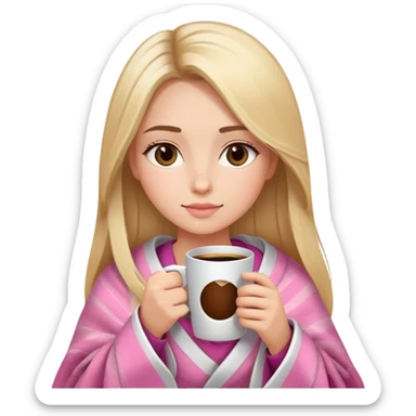 Long blonde straight balayage hair girl drinking coffee, almond dark brown eyes, oval face, pink blanket sticker