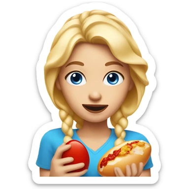 Blonde girl with blue eyes and a ketchup covered egg in her hand sticker
