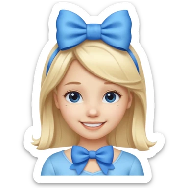 A cute girl with a white skin and a blonde hair with a blue and white bow in her head sticker