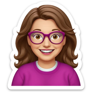 50 yr Caucasian woman, long brown hair parted on side, brown eyes, brown glasses, big smile, white teeth, fuscia sweater, chubby, wavy hair sticker