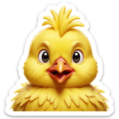 Cinematic Comical Yellow Baby Chicken Portrait Emoji, Head tilted dramatically with an exaggeratedly amused expression, featuring a striking, fluffy yellow downy coat with a tiny quirky red comb, wide, expressive beady eyes filled with playful disbelief, Simplified yet hilariously expressive features, highly detailed, glowing with a slightly sassy glow, high shine, dramatic yet playful, stylized with an air of cheeky mischief, bright and endearing, soft glowing outline, capturing the essence of a spirited and over-the-top chick, so meme-worthy it feels like it could peep its way into internet fame instantly! sticker