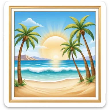 Cinematic Realistic Beach Emoji in a wooden frame, Sunny and bright, with soft golden sand stretching as far as the eye can see, gently lapping waves crashing onto the shore, and a clear, blue sky above. Palm trees sway in the warm breeze, crystal clear water of the waves on the landscape. Soft glowing outline, capturing the essence of a relaxed, joyful beach day filled with sun, sand, and surf! sticker