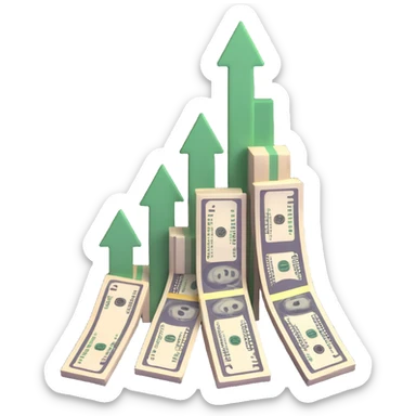 upward trending arrow beside three stacks of bundled dollar bills in ascending height sticker