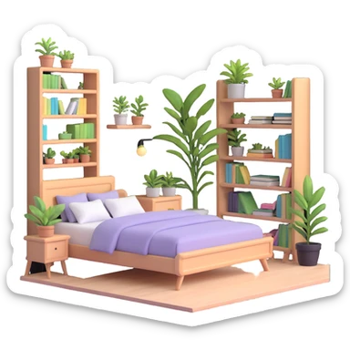 aesthetic bedroom with soft colors, plants, bookshelves, and study area sticker