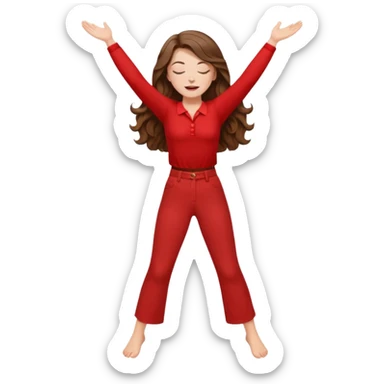 crie uma menina branca com cabelos castanhos longos ondulados, uma roupa de calça e blusa de manga curta na cor vermelho, com braços juntos para cima, olhos fechados e perna levantada. a manga é curta mostra os braços sticker