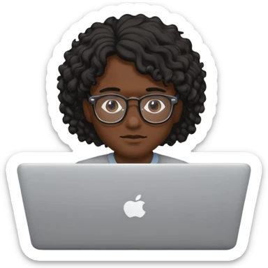 guy with wavy kinda curly black hair and skin cream and glasses, with a macbook sticker