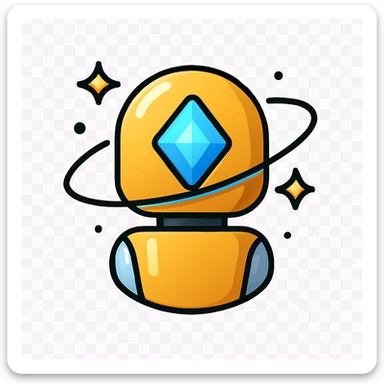 minimalist premium AI assistant icon, metallic gradients, glowing crystal core, orbiting tech swirls, futuristic UI inspiration, spark or pulse energy, dark background, ultra clean vector style, no text, centered, 1:1 aspect ratio sticker