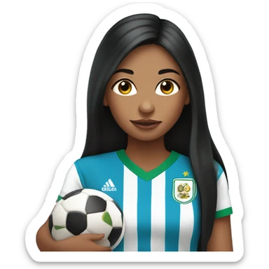 Girl with long black hair wearing a half Argentina half Nigerian jersey holding a baby  sticker