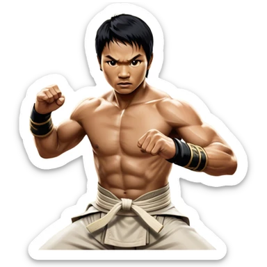 Tony Jaa – Cinematic Realistic Portrait of Tony Jaa, depicted as a dynamic martial arts warrior with intense eyes and a powerful stance in traditional Thai fighting attire, rendered in mid-motion with dramatic lighting and high-detail textures that capture his raw physicality and grace. sticker