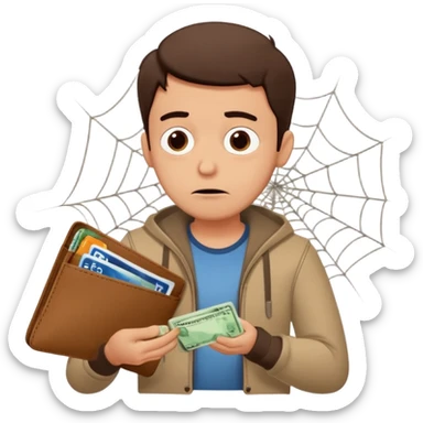 A cartoon guy checking his empty wallet with cobwebs inside, caption: ‘Bro: Let’s go Goa!’ and the guy replies ‘Mere bank balance ne block kar diya.’ Over-the-top sad expression sticker