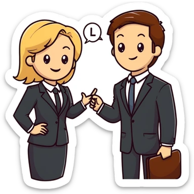 blonde woman in business suit talking to smiling brown-haired man in white shirt sticker