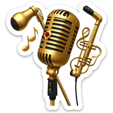 Create a sophisticated and smooth emoji representing jazz vocal performance. The design should feature a stylized microphone, with musical notes swirling around it to convey the fluid, improvisational nature of jazz. Add subtle elements like a vintage microphone stand or a hint of a singer’s silhouette in the background to reflect the live, intimate feel of jazz performance. Use deep, rich colors like gold, black, and burgundy to evoke the classic, smooth vibes of jazz. The background should be transparent. sticker