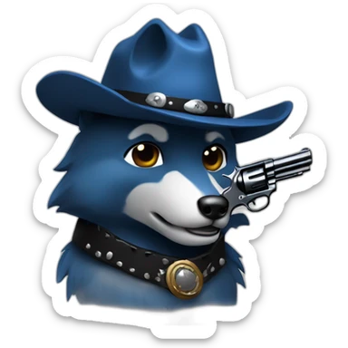 blue wolf with a black cowboy hat holding a cowboy revolver sticker