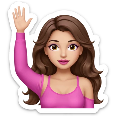 girl with long wavy brown hair, brown eyes, long lashes makeup, sexy pink lips, light to medium complexion, wearing a pink sexy top, one hand in the air high sticker