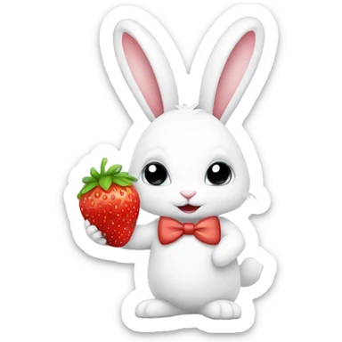 white bunny holding a strawberry and wearing a bow sticker
