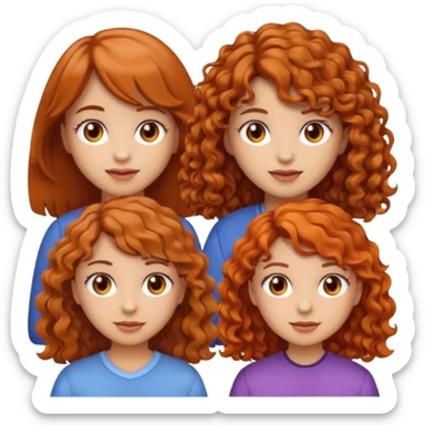three girls emoji, left girl light skin curly brown hair brown eyes, center girl light skin wavy orange hair light brown eyes, right girl light skin light brown hair with bangs brown eyes sticker