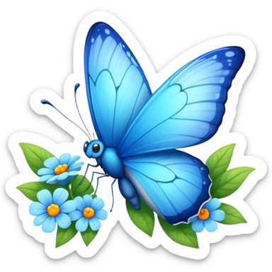 A vibrant blue butterfly with a cute smiling face, fluttering in spring with flowers around sticker