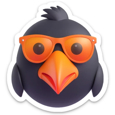 cartoonish 3D emoji of a black bird head with a large orange beak and orange sunglasses sticker