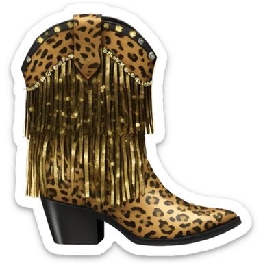 Realistic leopard print fashion cowgirl boots with sparkly shiny glitter fringe on them. sticker