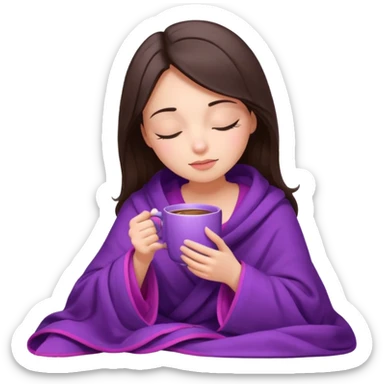 girl brunette inside a violet blanket sipping coffee from pink mug eyes closed sticker