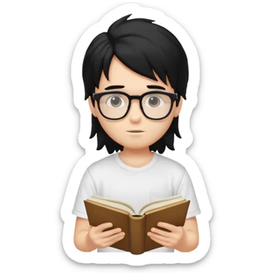 generate a pretty fair bratz boy with a long messy mullet (black hair), wearing a white tshirt. Reading a book. He has spectacles on.  sticker