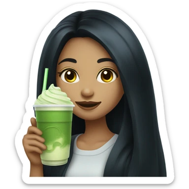 girl with long black hair and an iced matcha sticker