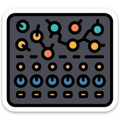 A black synthesizer without keys, featuring a row of eight knobs at the bottom, each with two smaller knobs above them, and a chaotic arrangement of six knobs at the top sticker