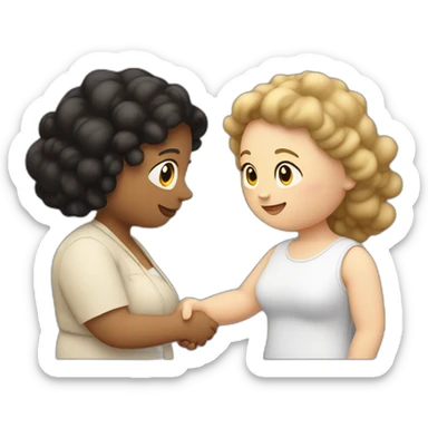 tan chubby woman with black curly hair shakes hands with a chubby pale woman who has straight light brown hair sticker