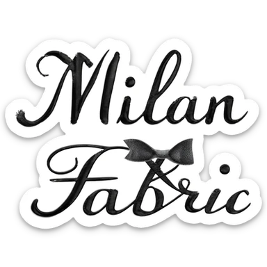 black logo in cursive with the name milan fabric kind of texturue and a black little bow ribbon the letter n sticker