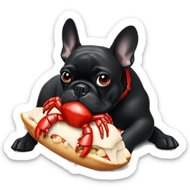 A black French bulldog eating a red lobster toy sticker