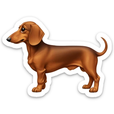 a full-length brown dachshund with light brown fluffy ears and a breast sticker