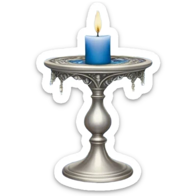 A mystical scene where deep blue and light blue pansies bloom under a silver crescent moon, casting an ethereal glow across the enchanted garden. A round, pearl-colored candle flickers atop an ornate silver stand, its wax melting into swirling patterns resembling planetary orbits. Surrounding it, a set of celestial tarot cards—The Moon, The Star, and The High Priestess—are carefully placed, their intricate silver engravings shimmering with divinatory power. The background sky is adorned with floating zodiac constellations, softly pulsing as if alive, while a trail of stardust leads to a glowing cosmic portal that opens into a swirling galaxy. sticker