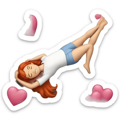 A woman laying on her back on a rock, red hair, butter flies around, pink hearts sticker