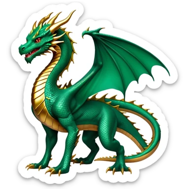 cinematic-noble-dragon-full body-emoji,-poised-and-majestic,-with-a-sinuous,-elongated-build-and-shimmering,-scale-covered-skin-in-hues-of-emerald-and-gold,-piercing,-fiery-eyes,-simplified-yet-sharp-and-sophisticated-features,-highly-detailed, zoomed out showing the serpentine body sticker