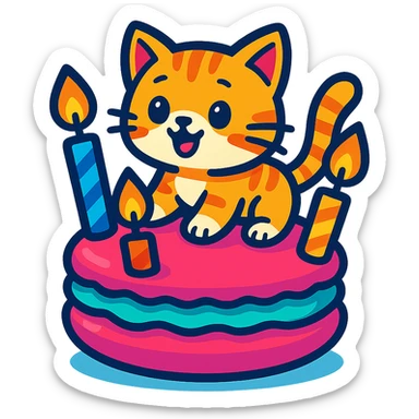kitten riding giant macaron with candles, vibrant-toon style sticker
