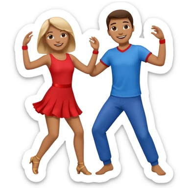 two people dancing together, one wearing red and one wearing blue sticker